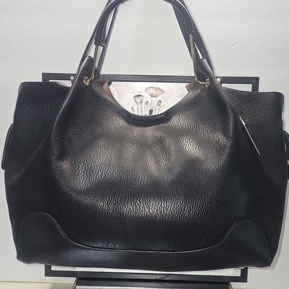 NWT‎ Black Vegan Leather Tote Bag- Satchel Carryon Handbag Office Work - Picture 4 of 14